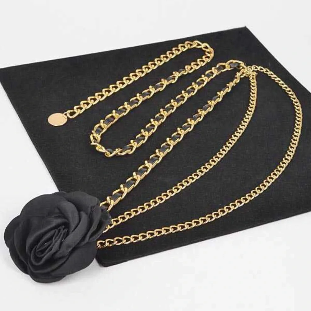 Satin 3-D Flower & Gold Iron Chain Statement Belt - Picture 7 of 7